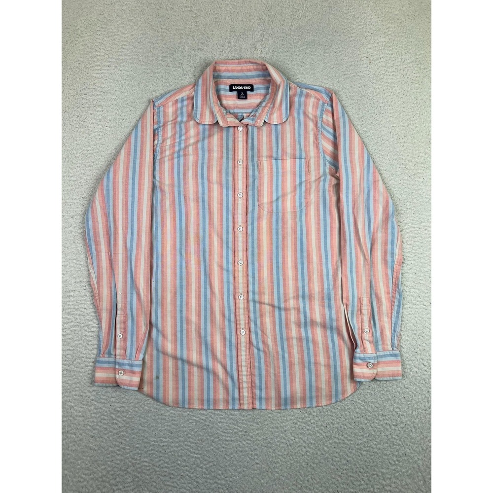 Lands' End Girls Small 6-8 Pink Blue Striped Button Down Long Sleeve Shirt